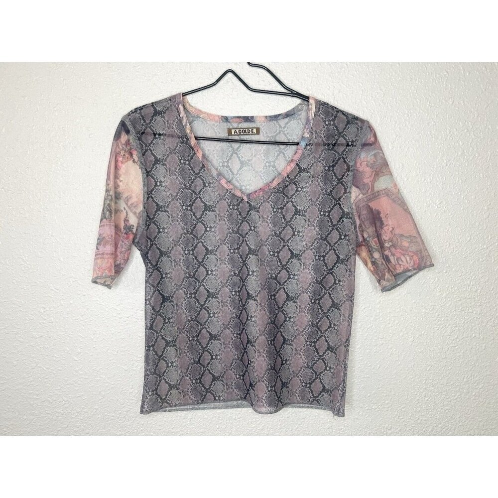AGOLDE Vintage Mesh Top Y2K 00s Sheer Small Snake Print Mixed Media Romantic